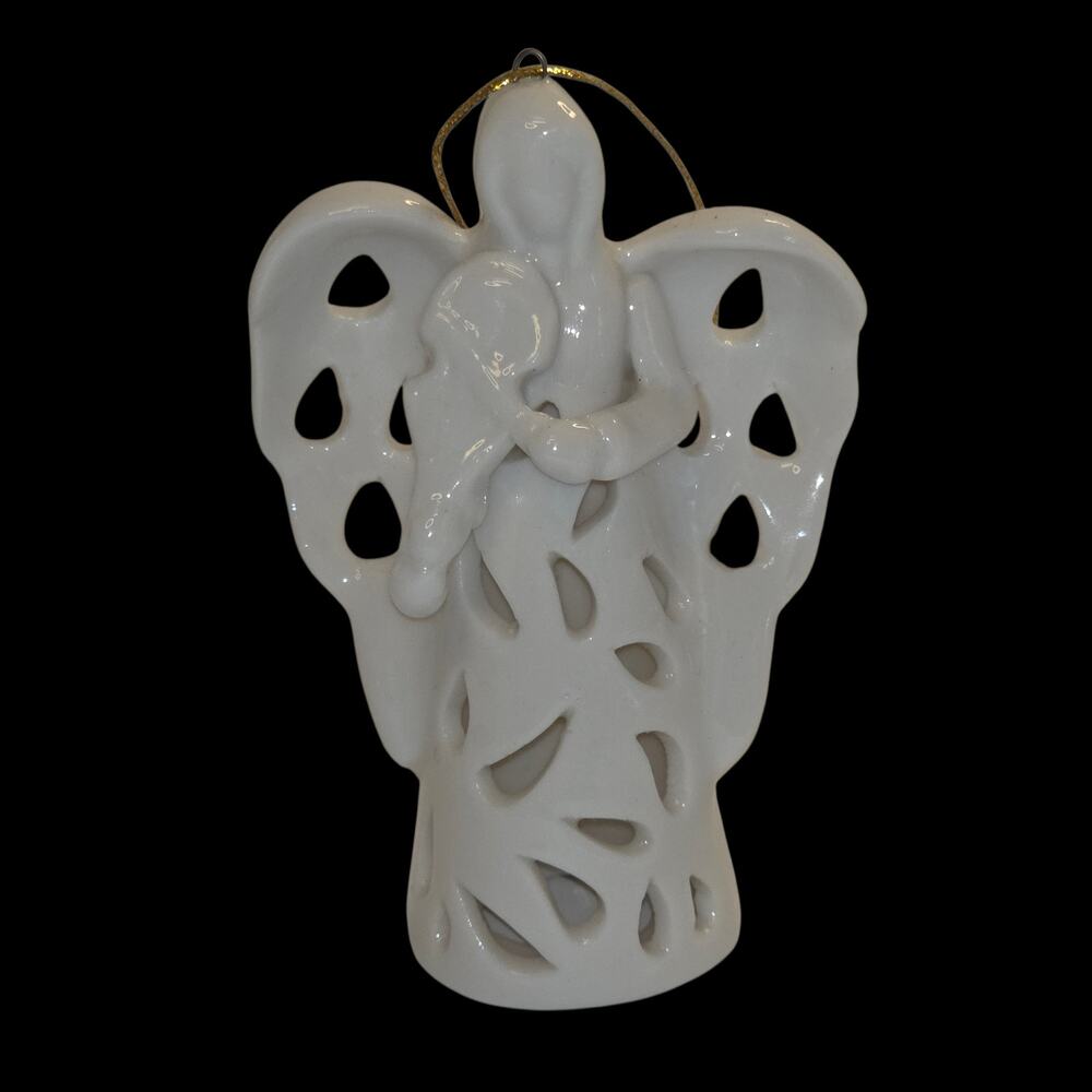 White Ceramic Angel Christmas Tree Ornament Filigree Openwork Cutout, Vintage